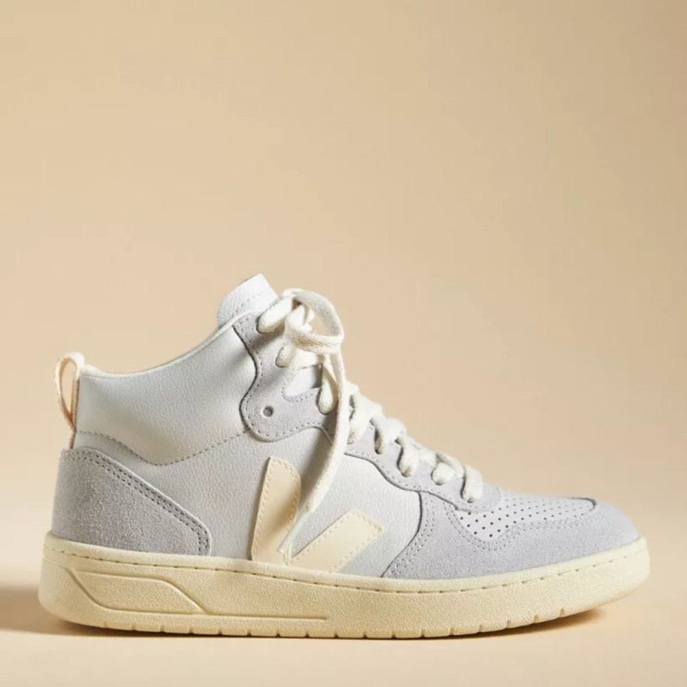 Anthropologie Veja V-15 Mid Top Sneakers Light Blue Grey Ivory Leather - Picture 9 of 9